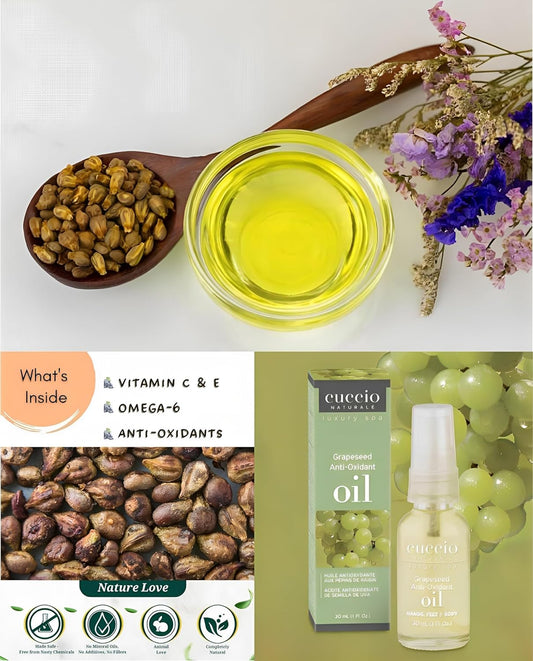 Cuccio GRAPESEED Anti-Oxidant Oil with Jojoba, Sunflower Seed Oil, Smoothing Moisture & Repair Dry Cracked Skin, Firming Oil, Reduce Fine Lines & Signs of Aging 30ml